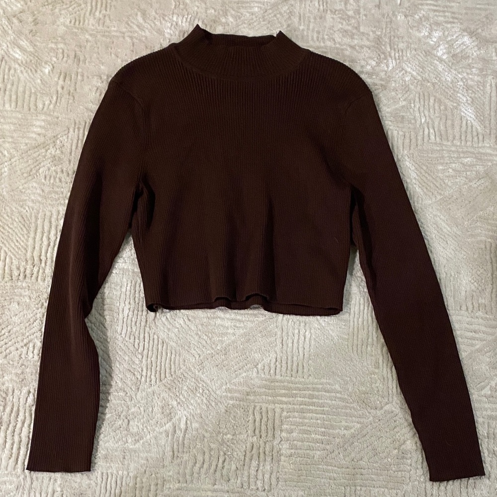 H&M Womens Brown Ribbed Long Sleeve Crop Top